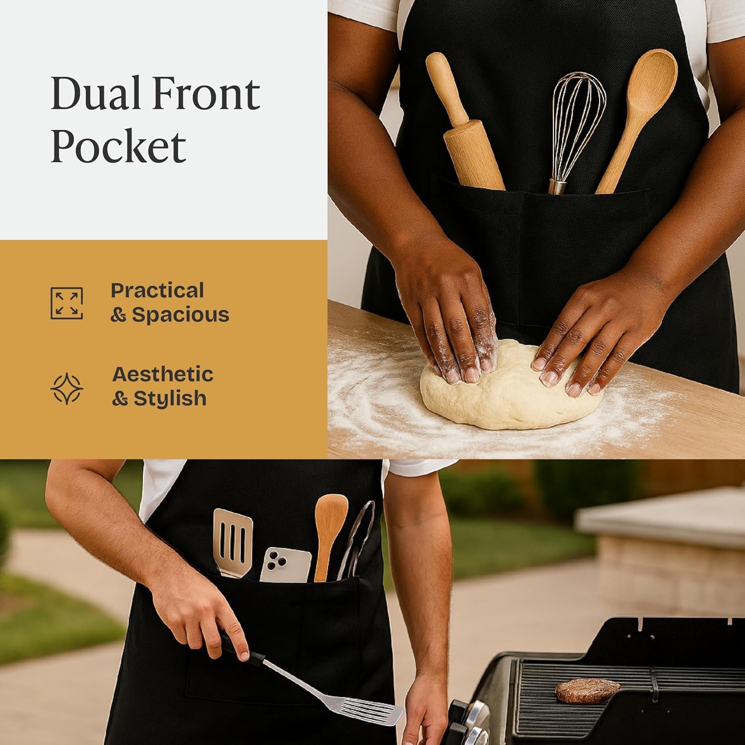 Chef Apron for Men and Women - 33" X 27" Large with 38" Waist Ties for a Comfy and Snug Fit, Durable and Lightweight, with 2 Spacious Pockets for Your Cooking Essentials - 1-Pack, Black