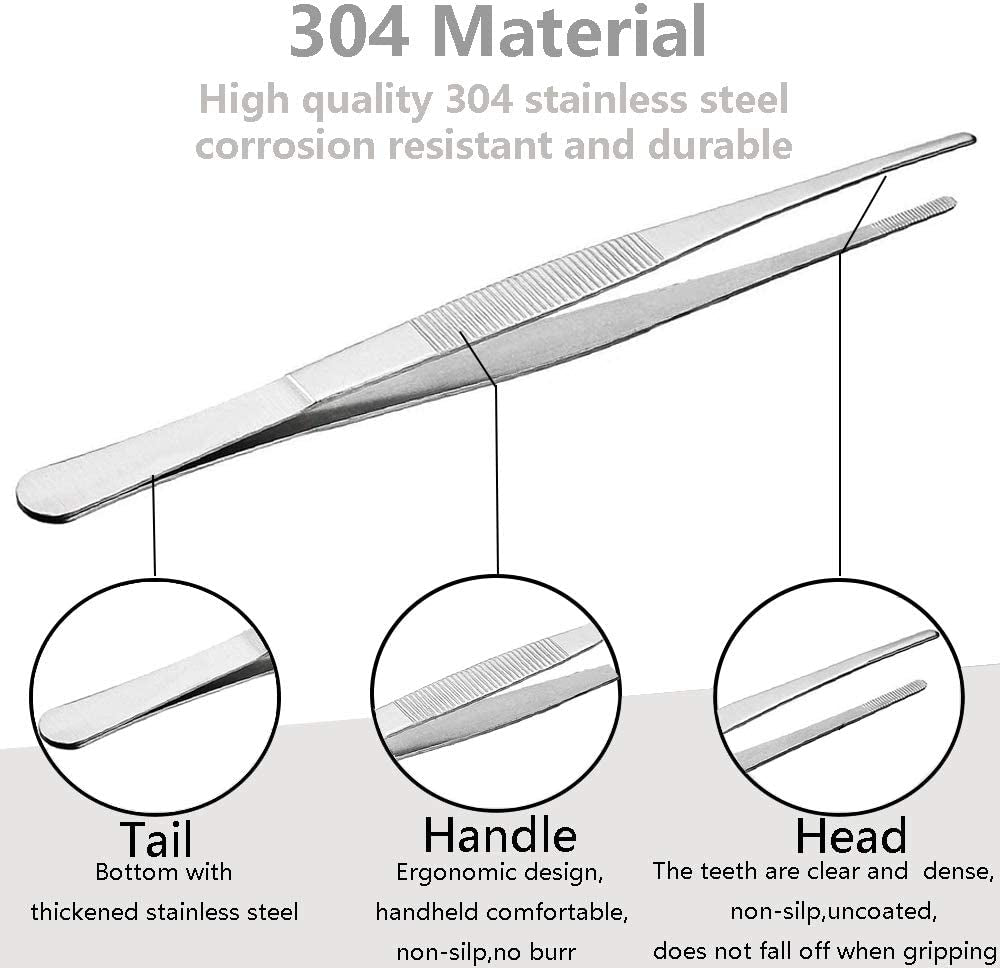 Kitchen Tweezers Stainless Steel Tongs with Precision Serrated Tips for Cooking and Medical (12 Inch Straight)