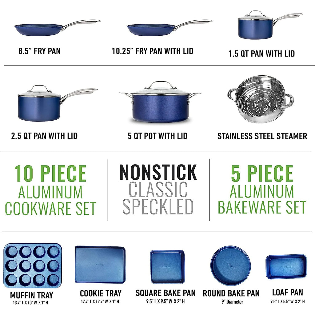 15 Pc Kitchen Pots and Pans Set Non Stick, Kitchen Cookware Sets, Pot and Pan Set, Nonstick Cookware Set, Diamond Coated Non Stick Pots and Pan Set, Dishwasher Safe - Blue