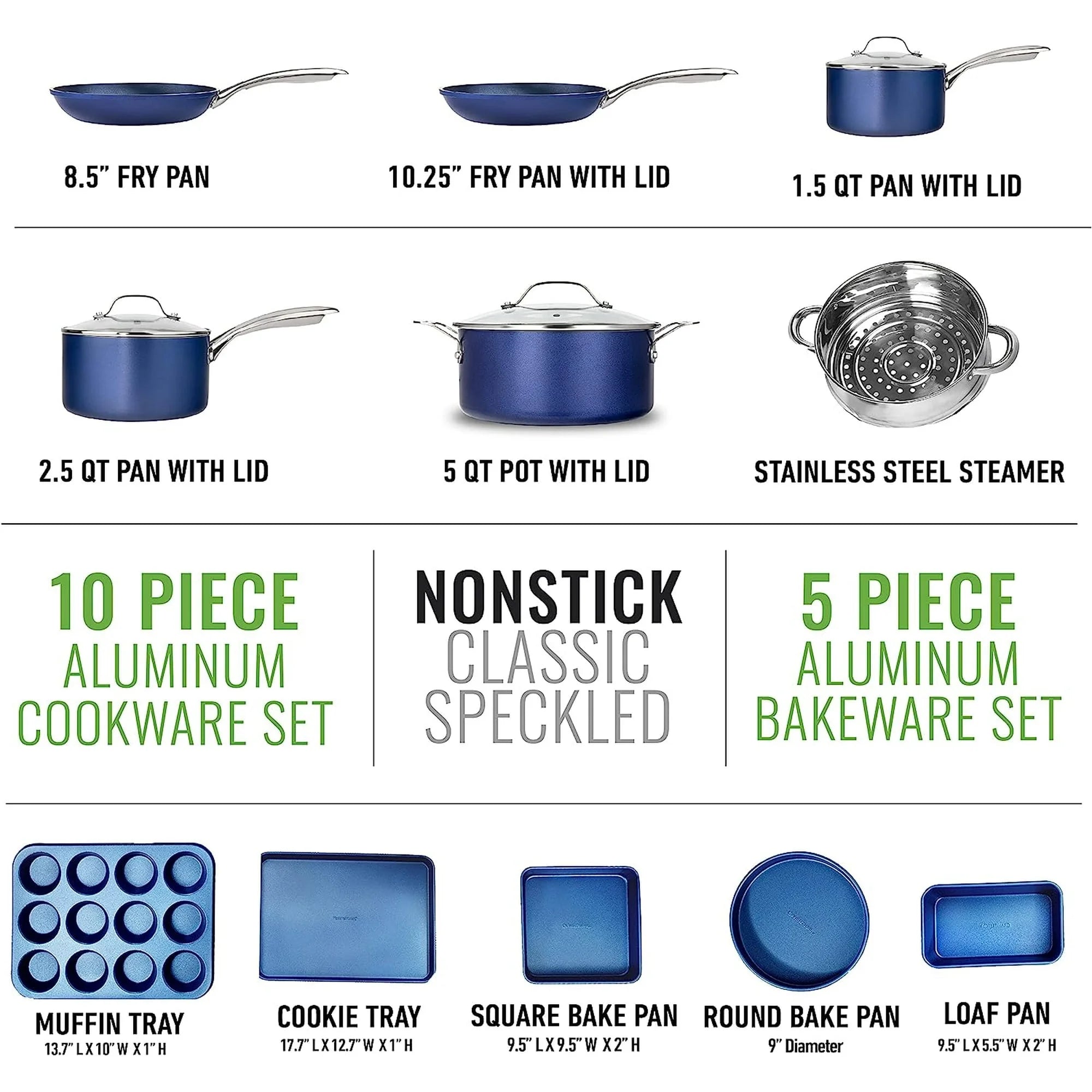 15 Pc Kitchen Pots and Pans Set Non Stick, Kitchen Cookware Sets, Pot and Pan Set, Nonstick Cookware Set, Diamond Coated Non Stick Pots and Pan Set, Dishwasher Safe - Blue