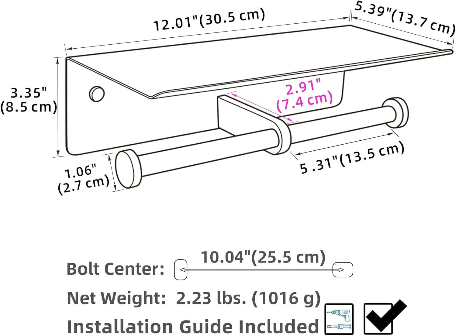 Double Toilet Paper Holder with Shelf Brushed Nickel,  SUS 304 Stainless Steel Contemporary Tissue Roll Holder Mobile Phone Storage Rack