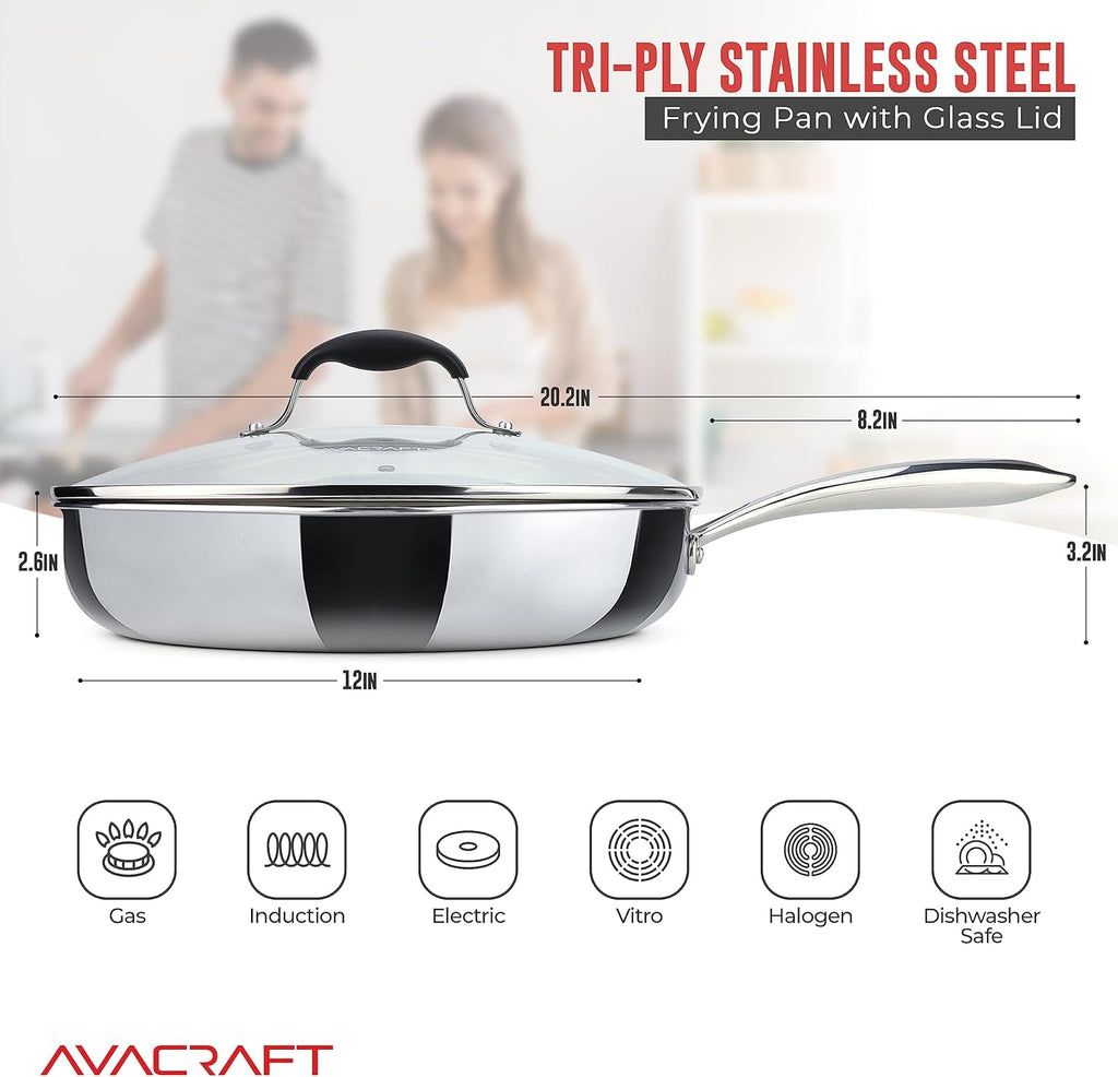 18/10 12 Inch Stainless Steel Frying Pan with Lid, Side Spouts, Induction Pan, Versatile Stainless Steel Skillet, Fry Pan in Our Pots and Pans (Tri-Ply Stainless Steel, 12 Inch)