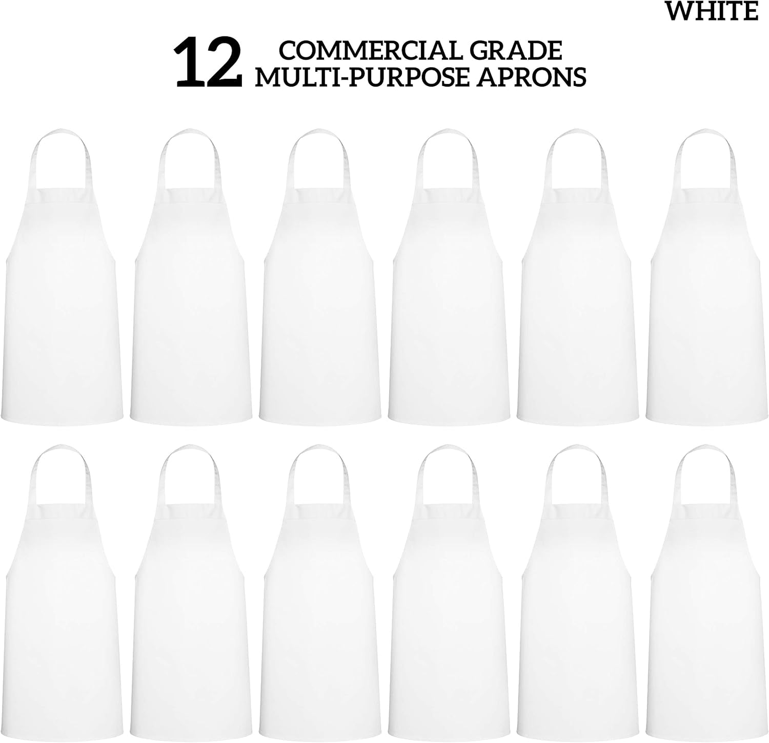 12 Pack Bib Apron - Unisex White Aprons, Machine Washable Aprons for Men and Women, Kitchen Cooking BBQ Aprons Bulk (Pack of 12, No Pockets, White)