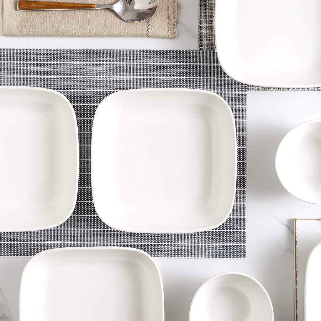 Porcelain 8-Inch Square Dinner Plates, Pasta Salad Bowls, Set of 6, White