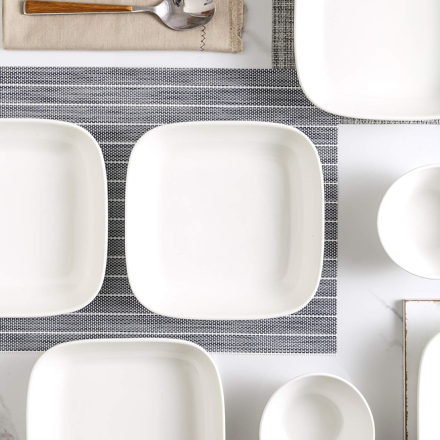 Porcelain 8-Inch Square Dinner Plates, Pasta Salad Bowls, Set of 6, White