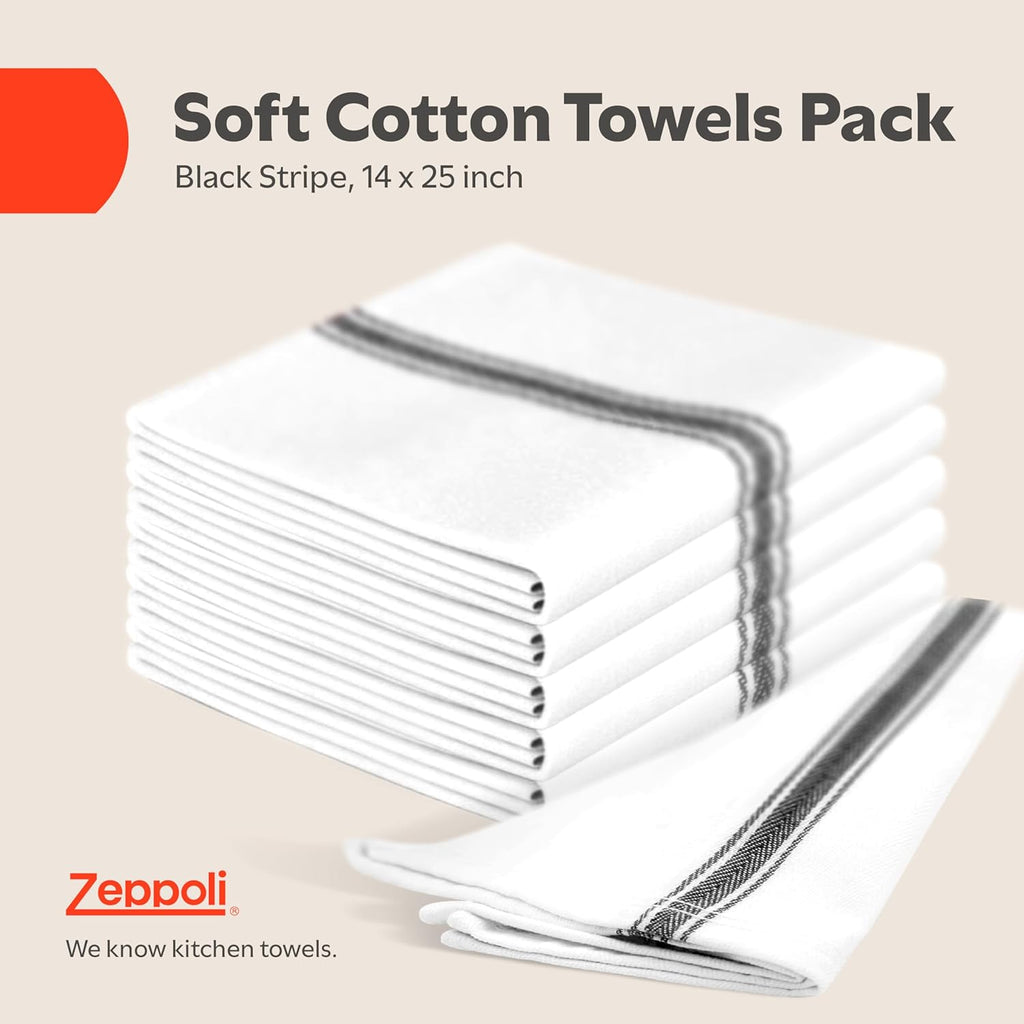 Classic Kitchen Towels - 15 Pack 100% Natural Cotton Towel Set, Reusable Wash Cloths, Absorbent Dish Towels, Machine Washable Hand Towels, Kitchen Essentials, 14” X 25”, Black Striped