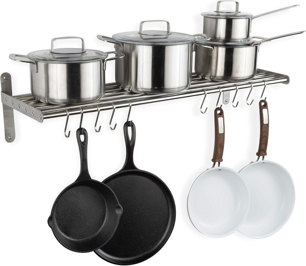 Lyon Kitchen Organization and Storage Rack, Stainless Steel Metal Wall Shelf with 10 S Hooks for Hanging Pots and Pans, Chrome