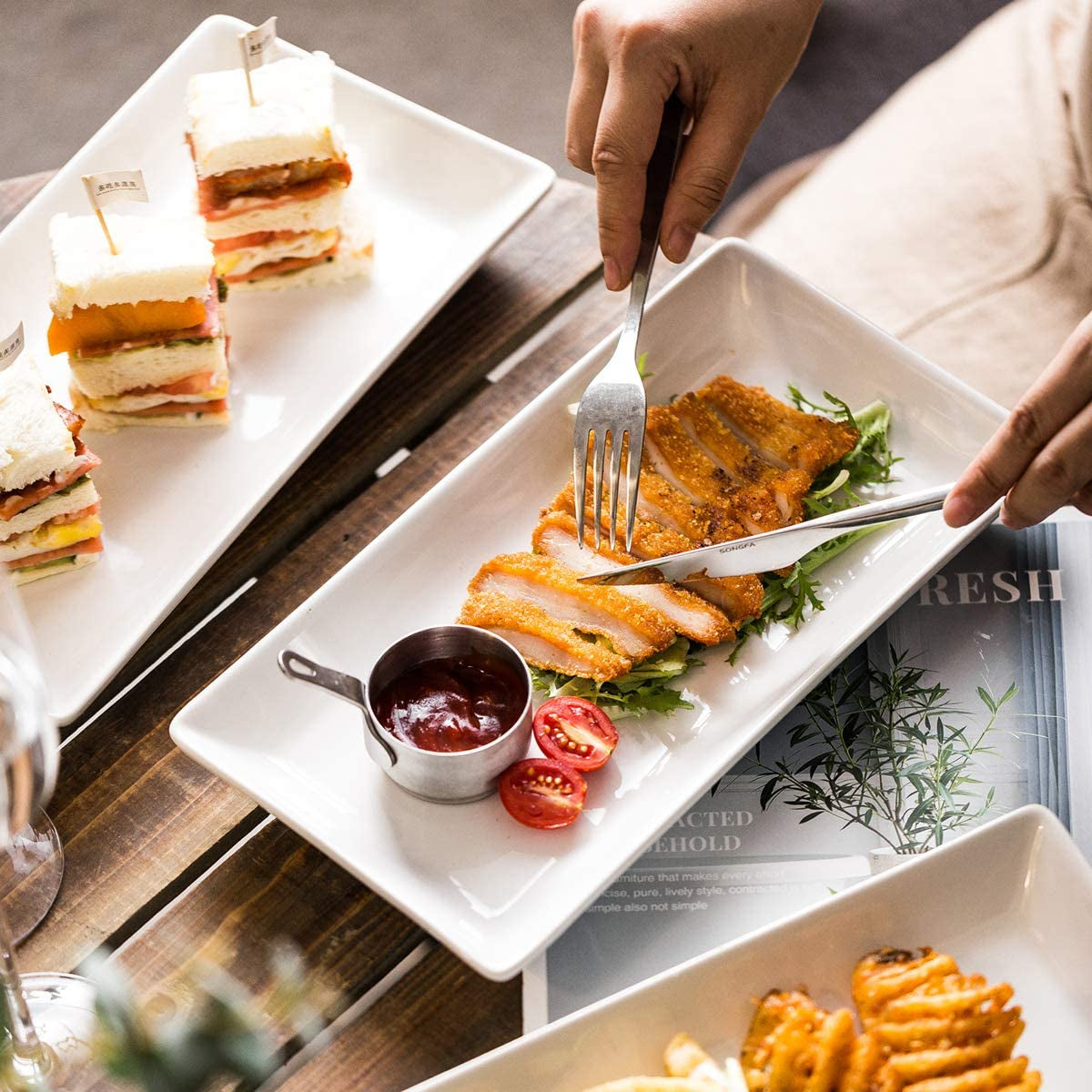 Porcelain Serving Platters Rectangular Trays White Serving Platters for Party, Stackable Serving Plates Set of 4,12 Inch