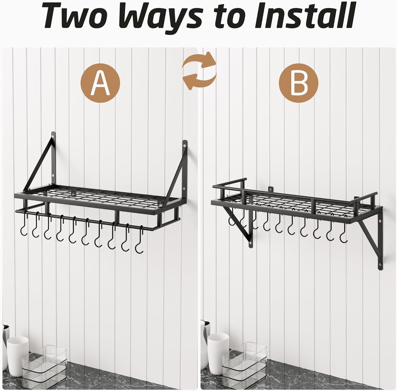 24 Inch Kitchen Pot Pan Rack Wall Mounted Hanging Storage Organizer Wall Shelf with Hooks Matte Black, KUR215S60-BK