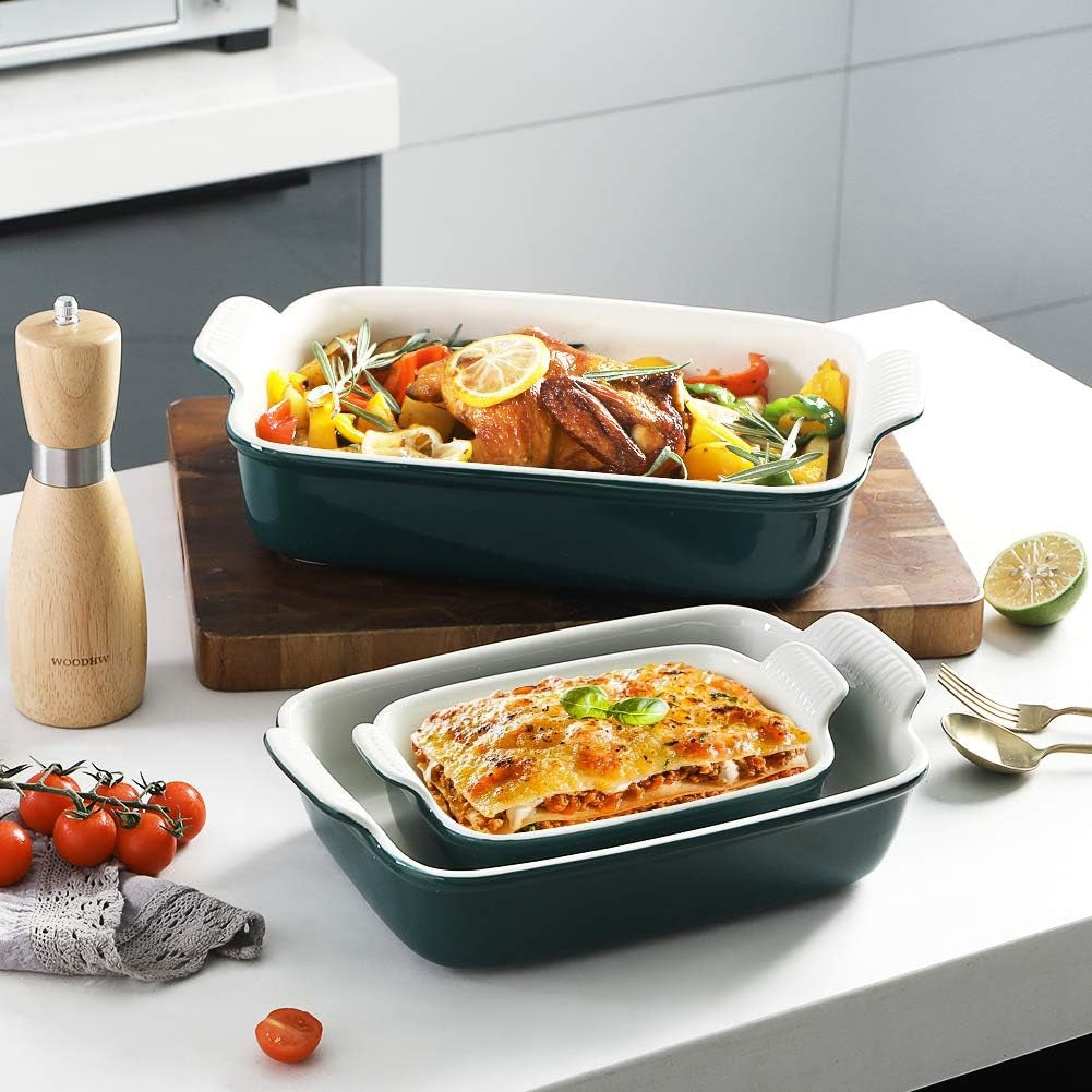 Baking Pans Set, Ceramic 9X13 Baking Dish with Handle, Rectangular Casserole Dishes for Oven, Bakeware Sets of 3, Durable Lasagna Pan Deep for Kitchen, Banquet, Wedding Gift(Jade)