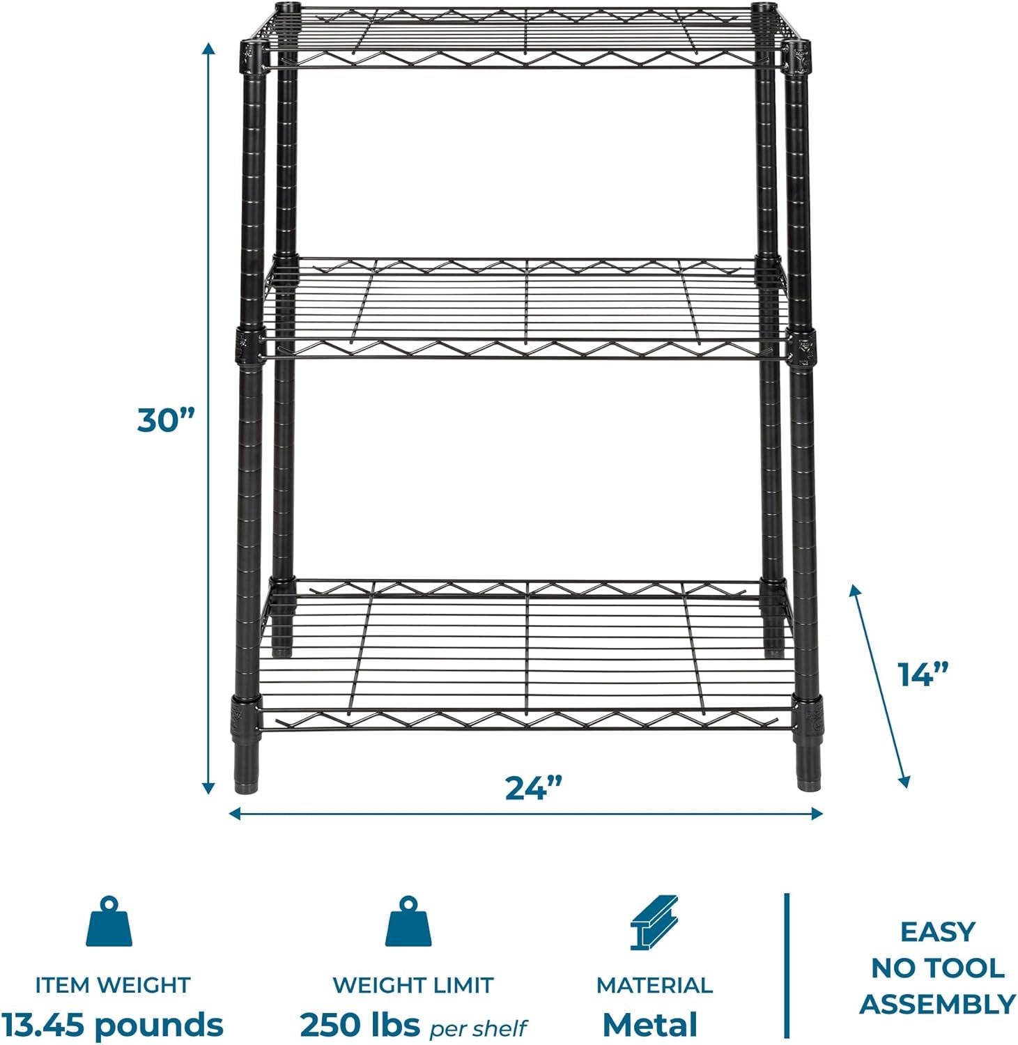 3-Tier Heavy Duty Adjustable Shelves, Metal Storage Rack with 250-Lb Shelf Capacity, Black, 14" W X 24" L X 30" H