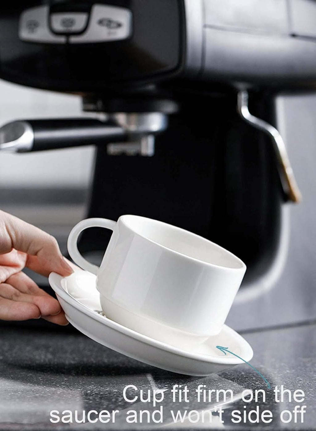 8 Ounce Porcelain Stackable Cappuccino Cups with Saucers and Metal Stand - for Specialty Coffee Drinks, Cappuccino, Latte, Americano and Tea - Set of 4, White