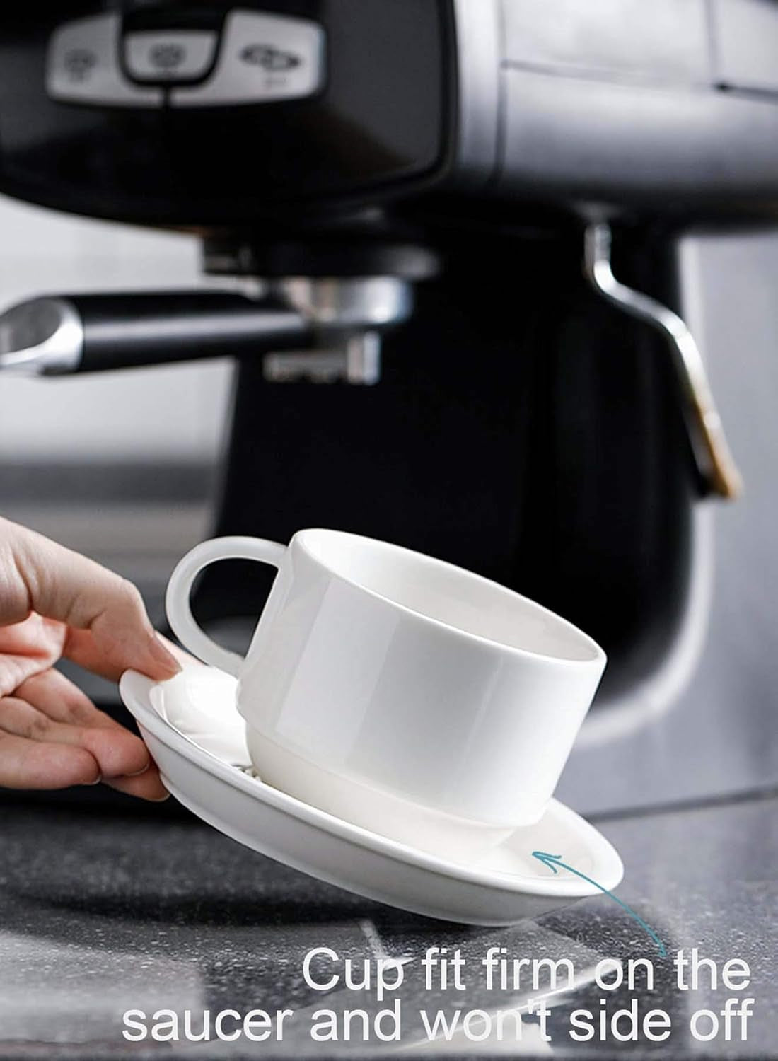 8 Ounce Porcelain Stackable Cappuccino Cups with Saucers and Metal Stand - for Specialty Coffee Drinks, Cappuccino, Latte, Americano and Tea - Set of 4, White