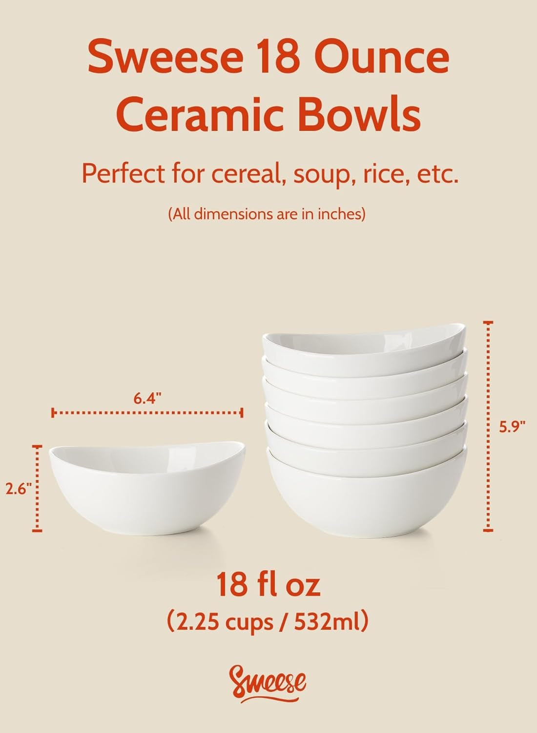 18 Oz Medium White Porcelain Bowls - Set of 6 Cereal, Soup, Rice & Salad Bowls, Ceramic Serving Bowls for Everyday Use
