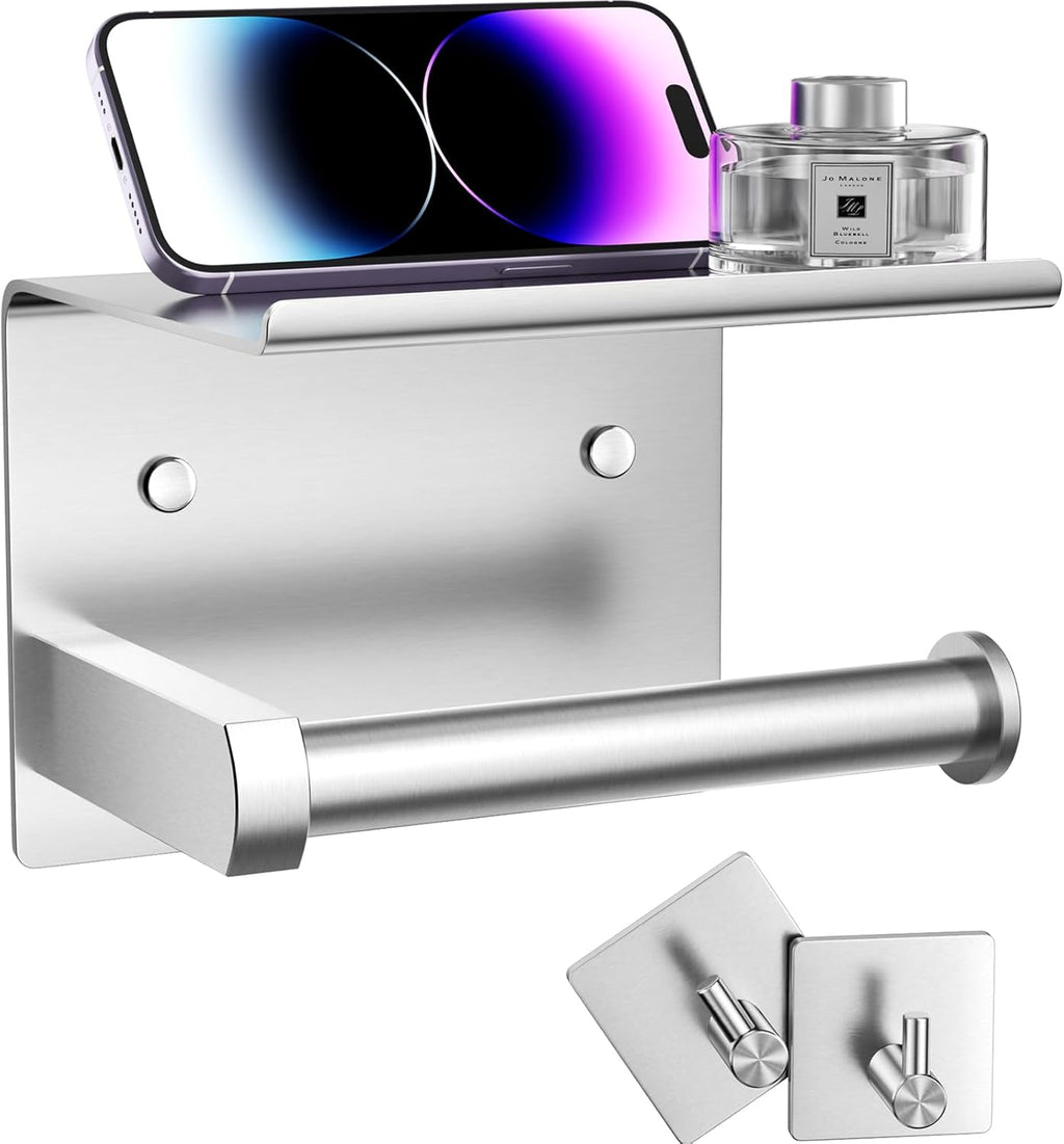 Toilet Paper Holder with Phone Shelf + Towel Robe Hooks, Adhesive or Screw Wall Mounted Toilet Paper Roll Storage, Stainless Steel Bathroom Tissue Roll Holder (Brushed Nickel)