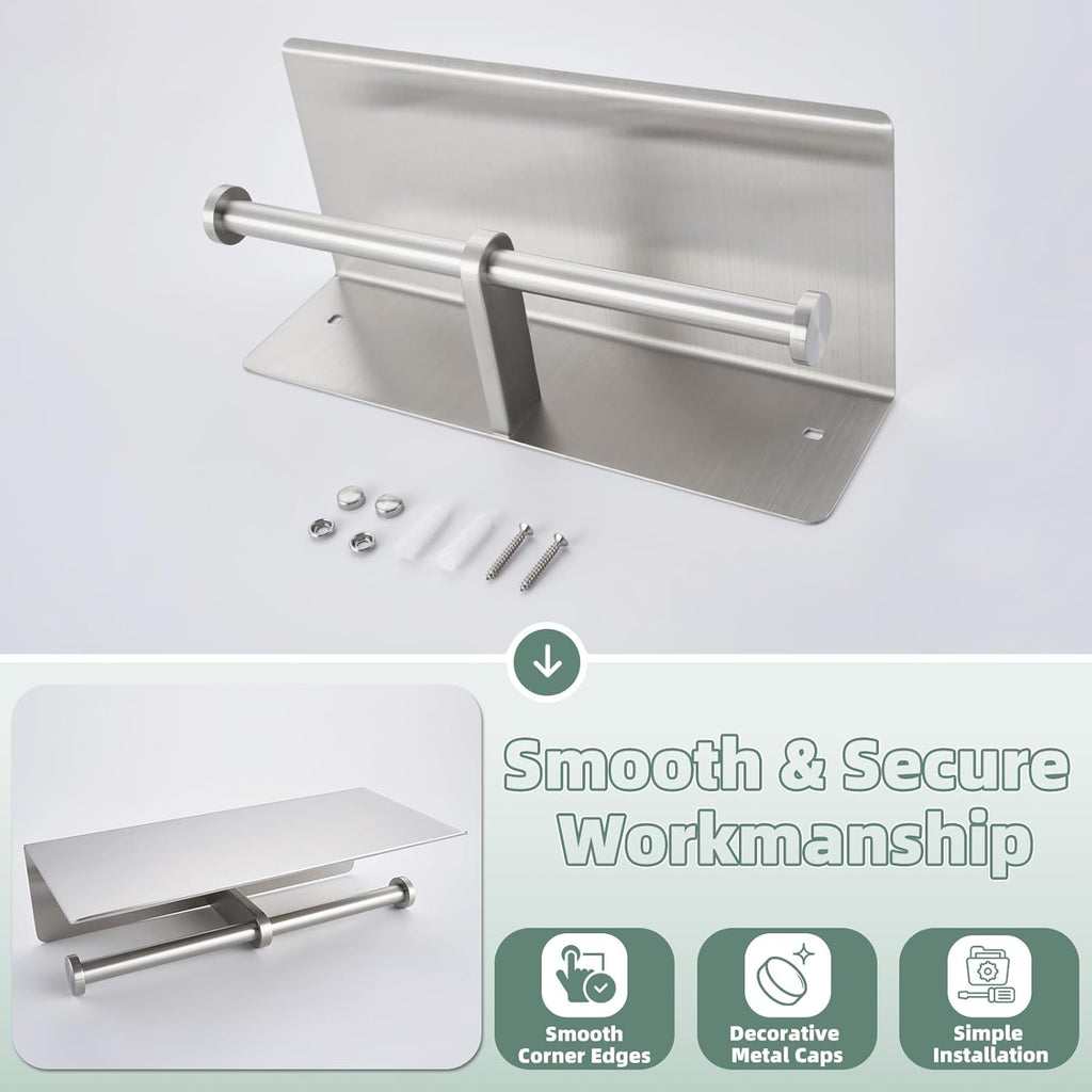 Double Toilet Paper Holder with Shelf Brushed Nickel,  SUS 304 Stainless Steel Contemporary Tissue Roll Holder Mobile Phone Storage Rack