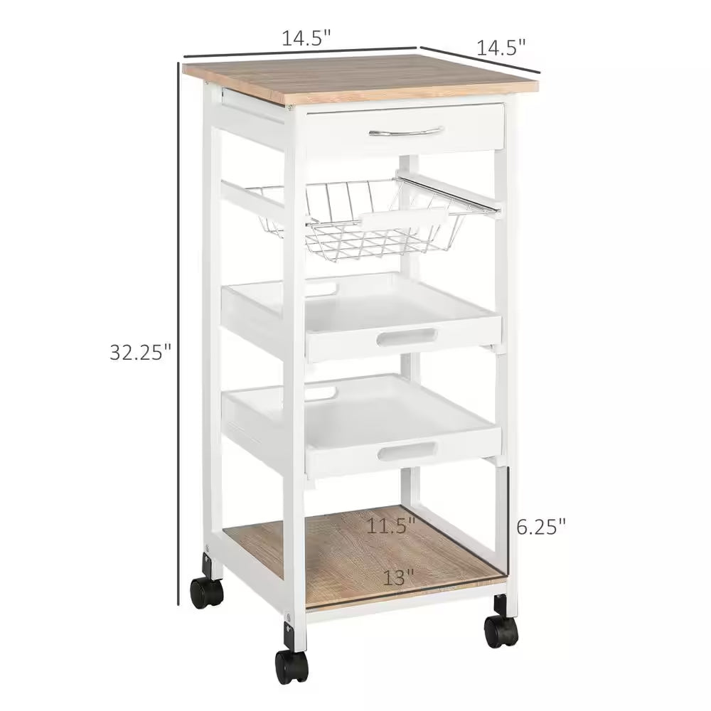 5-Tier Solid Wood 4-Wheeled Mobile Kitchen Cart with Storage, Wire Fruit Baskets, Trays and Drawer, White