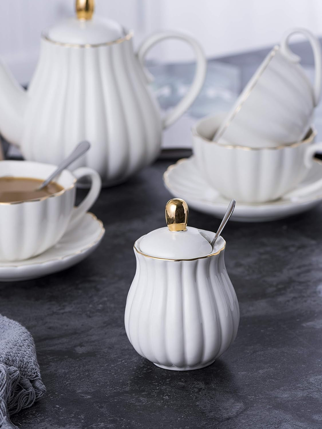 Porcelain Tea Set- 8 OZ White Coffee Cup/Teacup, Saucer, Spoons, Teapot and Creamer Set, 17-Pieces (FD-TW17PC SET, White)