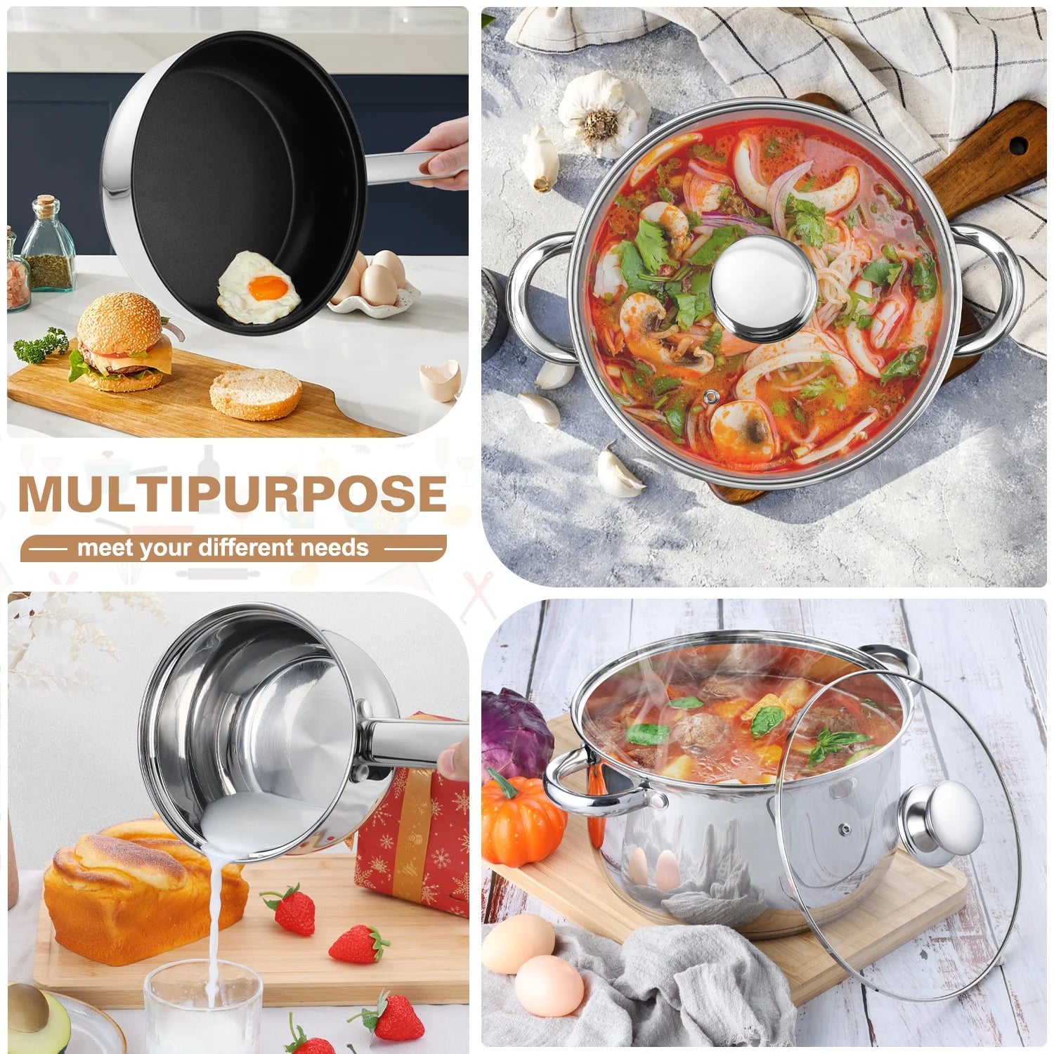 13-Piece Stainless Steel Cookware Set, Kitchen Pots and Pans Set with Glass Lid for Cooking, Induction & Dishwasher Safe, Silver