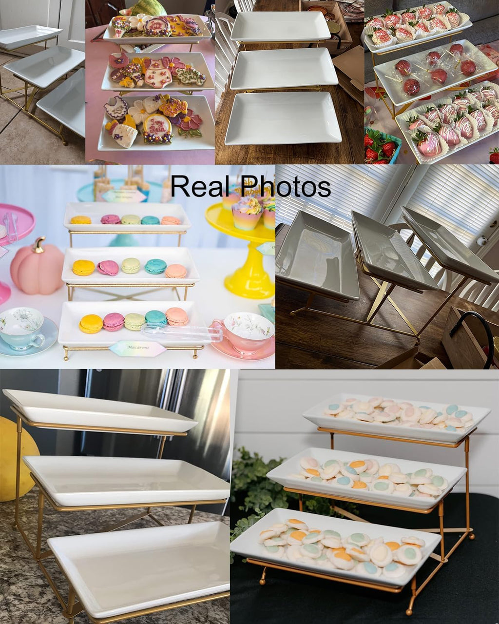 3 Tier Serving Stand Porcelain Serving Platter Tier Serving Trays with Collapsible Sturdier Rack, Serving Dishes and Platters for Thanksgiving, Christmas, Entertaining, Gold, 12 Inch