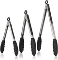 Kitchen Tongs,  7/9/12 Inches Cooking Tongs, with 600ºf High Heat-Resistant Non-Stick Silicone Tips, 18/8 Stainless Steel Handle, for Food Grill, Salad, BBQ, Frying, Serving, Pack of 3(Black)