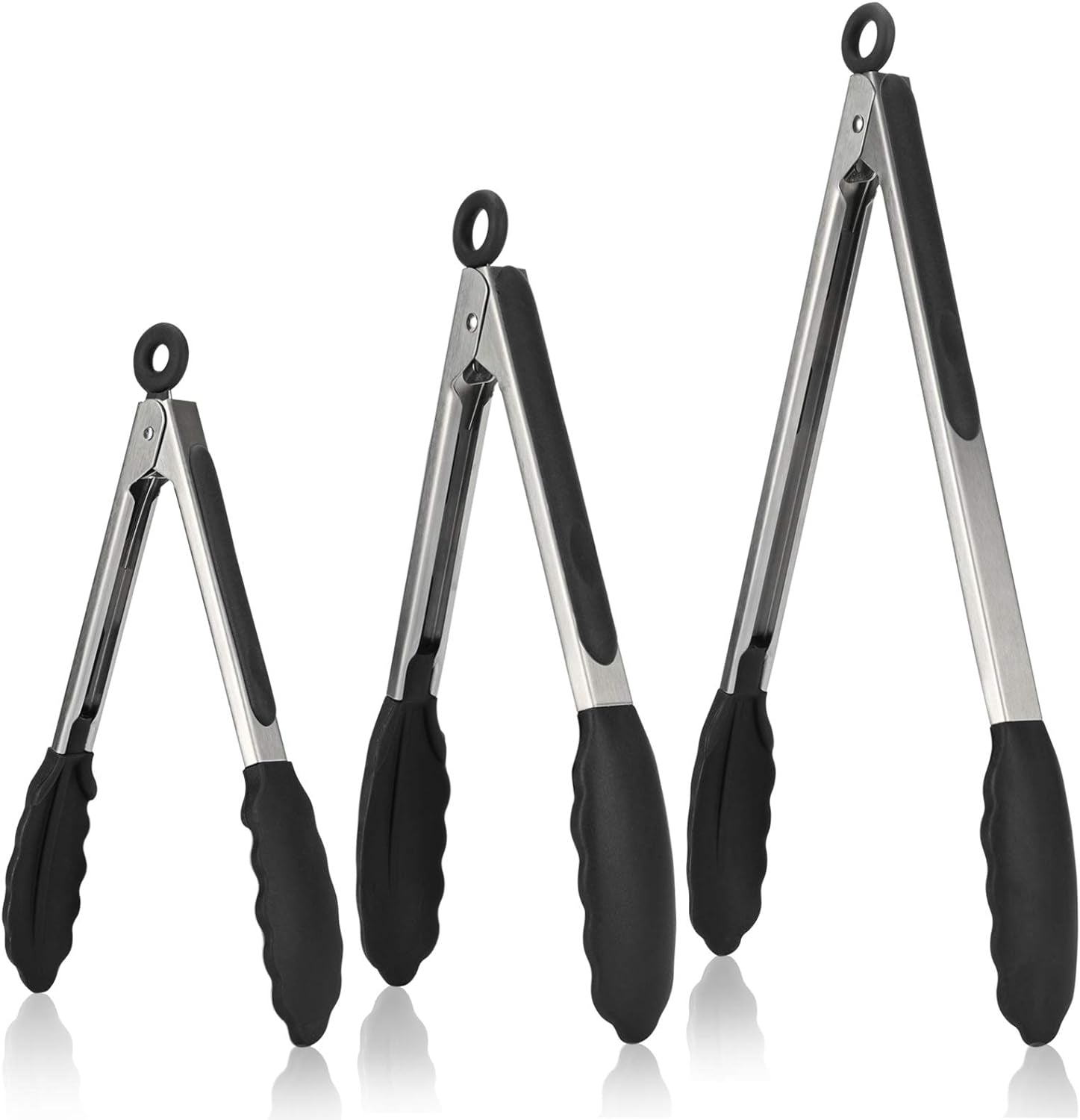 Kitchen Tongs,  7/9/12 Inches Cooking Tongs, with 600ºf High Heat-Resistant Non-Stick Silicone Tips, 18/8 Stainless Steel Handle, for Food Grill, Salad, BBQ, Frying, Serving, Pack of 3(Black)