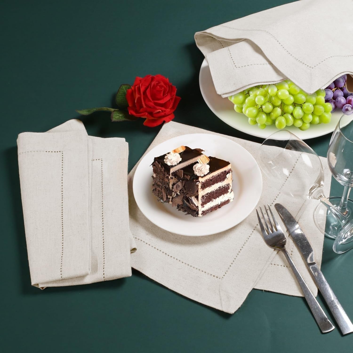 Linen Flax Cotton Cloth Dinner Napkins Set of 12 – 18X18 Natural Fabric with Hemstitched Mitered Corners – Machine Washable Wedding, Cocktail & Party Table Napkins