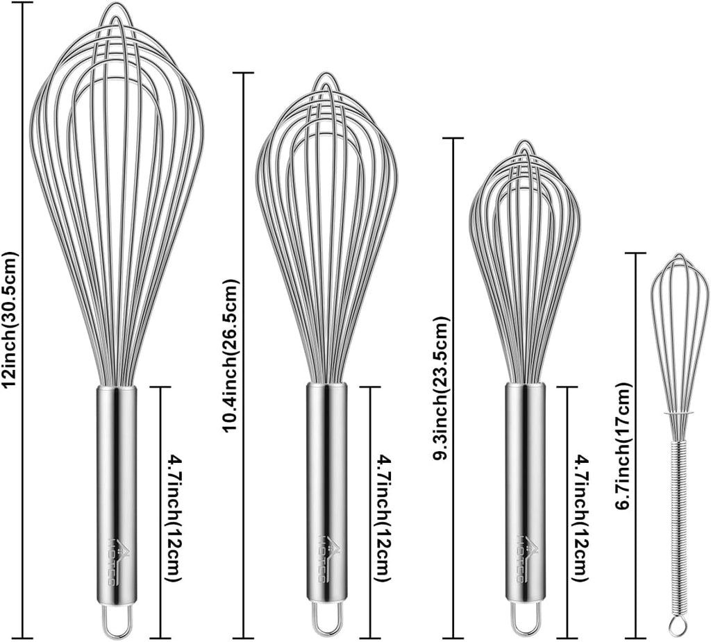 4 Pieces Stainless Steel Whisks Set Wire Whisk Balloon Whisk Egg Beater Kitchen Utensils for Stirring, Beating, Blending