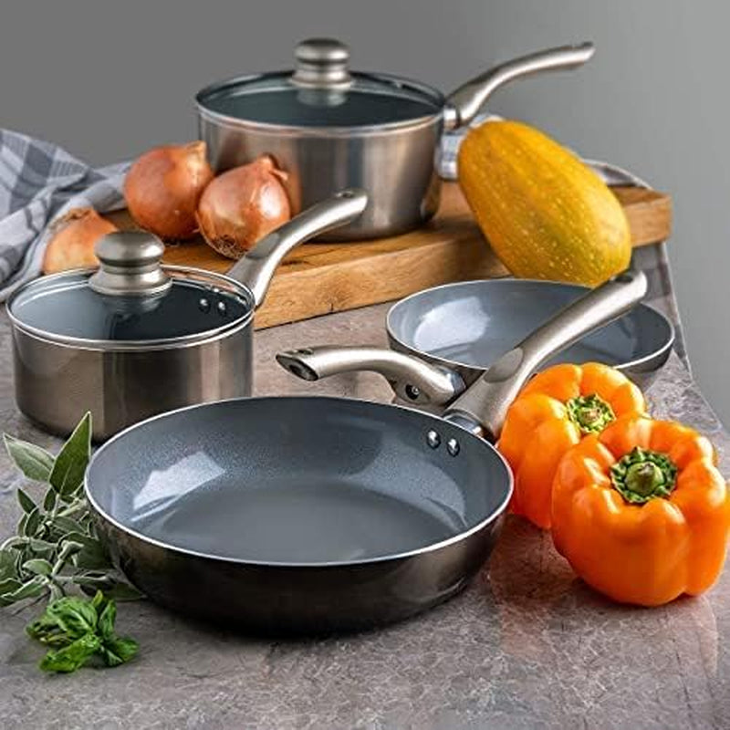 6 Pcs Dark Grey Nonstick Cookware Set, Pots and Pans Set Non Stick with Glass Lid, Induction Cookware, Stay-Cool Handle PTFE/PFOA Kitchen Pots 6-Piece with Frying Pans & Saucepan