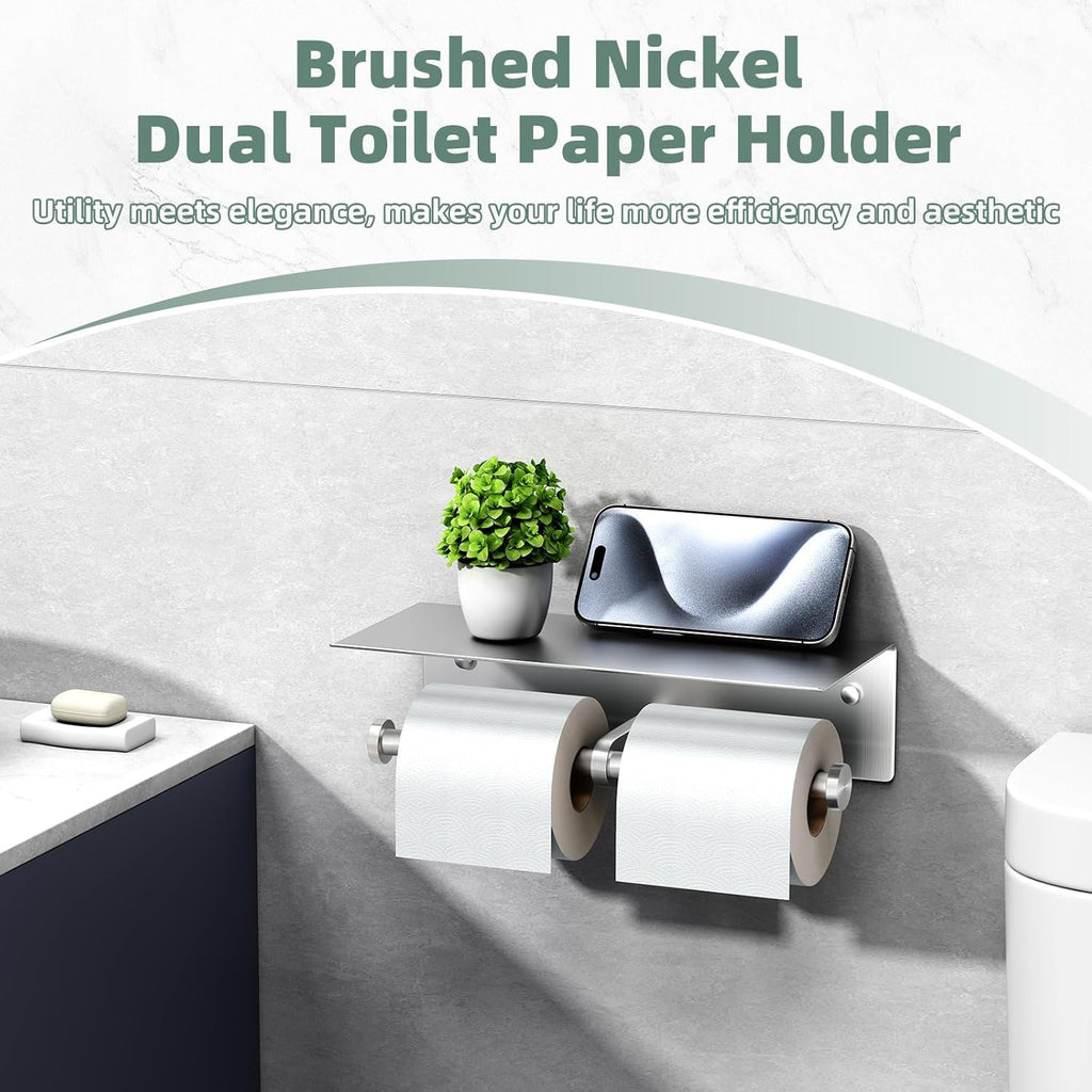 Double Toilet Paper Holder with Shelf Brushed Nickel,  SUS 304 Stainless Steel Contemporary Tissue Roll Holder Mobile Phone Storage Rack