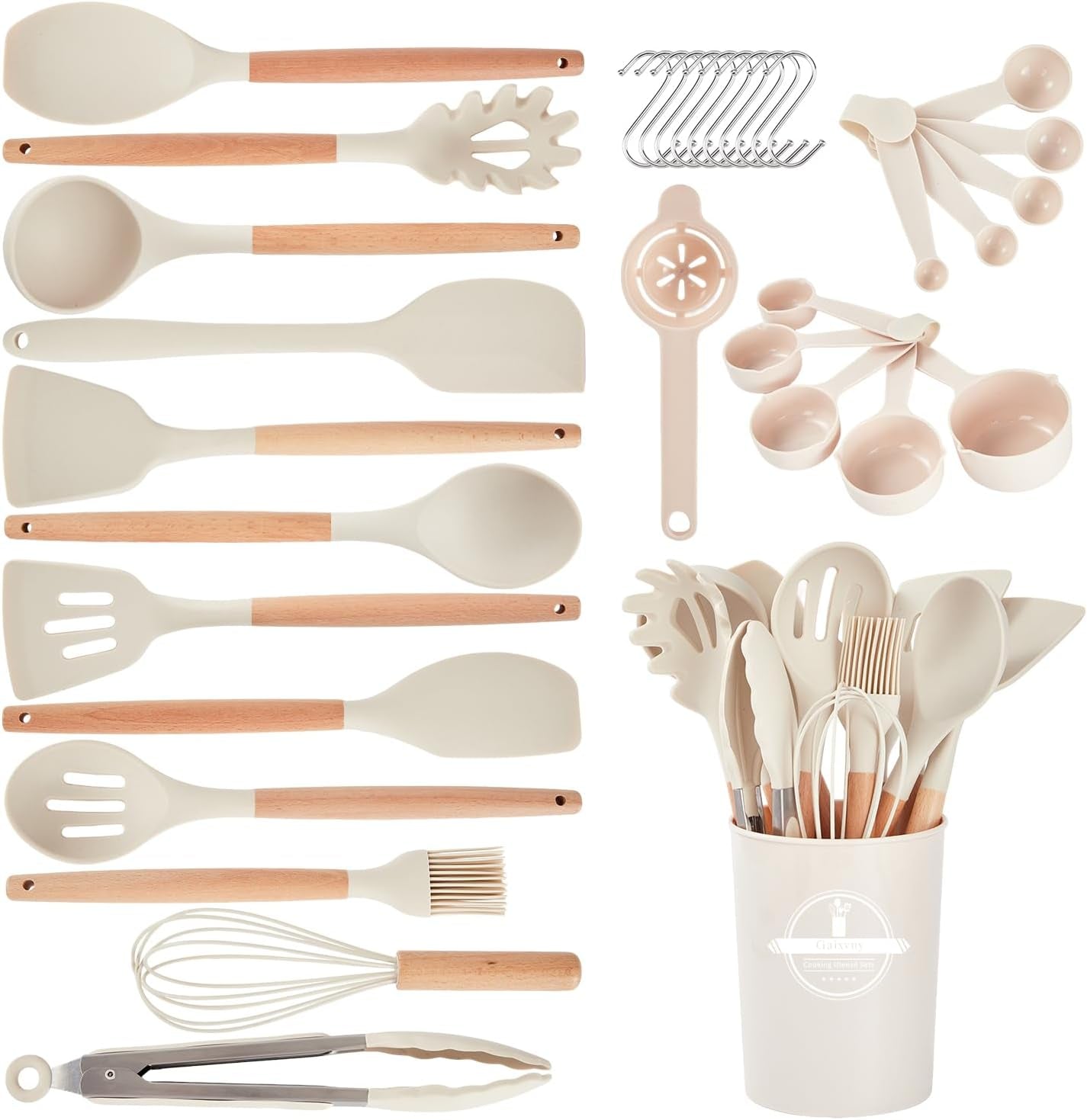 Kitchen Utensils Set - 34 PCS Non-Stick Silicone Cooking Utensils Set with Woode