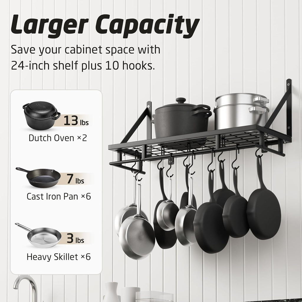 24 Inch Kitchen Pot Pan Rack Wall Mounted Hanging Storage Organizer Wall Shelf with Hooks Matte Black, KUR215S60-BK