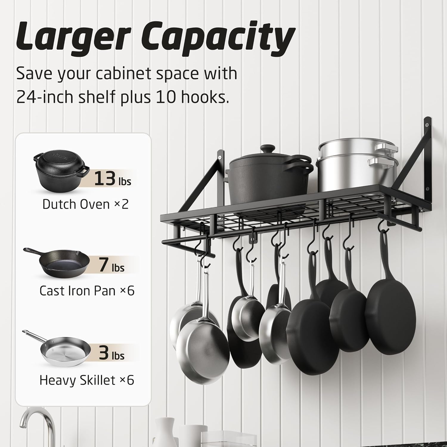 24 Inch Kitchen Pot Pan Rack Wall Mounted Hanging Storage Organizer Wall Shelf with Hooks Matte Black, KUR215S60-BK