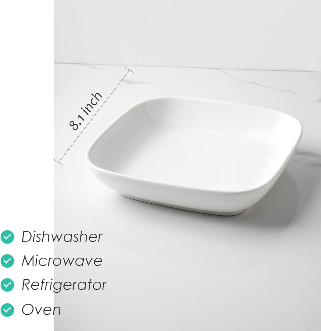 Porcelain 8-Inch Square Dinner Plates, Pasta Salad Bowls, Set of 6, White