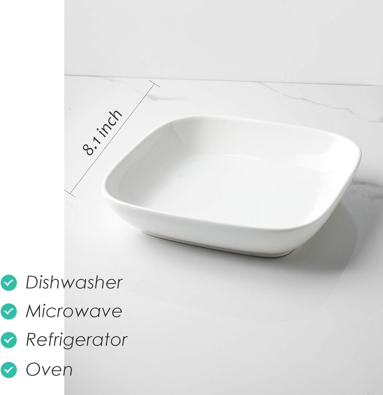 Porcelain 8-Inch Square Dinner Plates, Pasta Salad Bowls, Set of 6, White