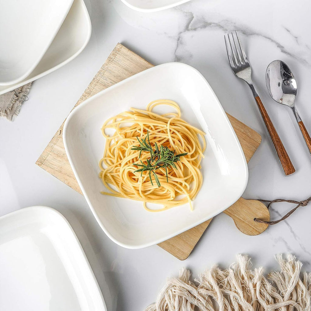 Porcelain 8-Inch Square Dinner Plates, Pasta Salad Bowls, Set of 6, White