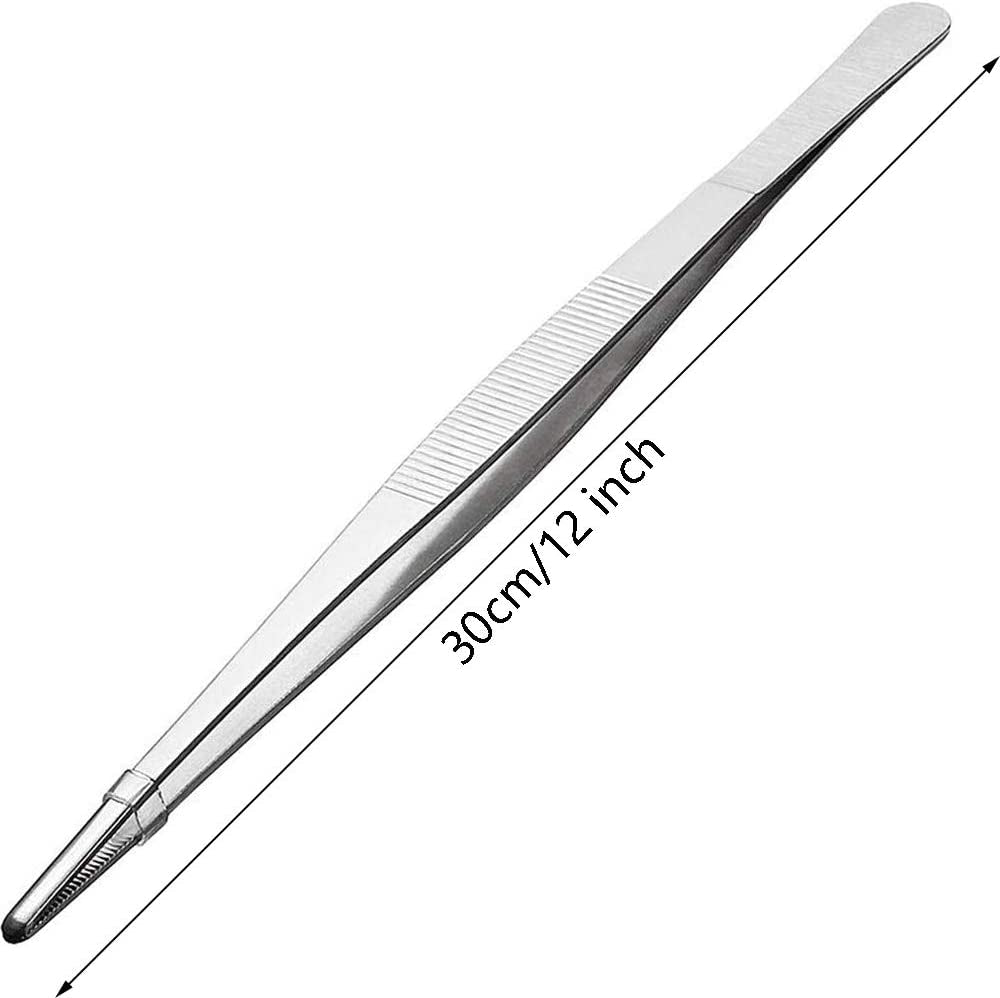 Kitchen Tweezers Stainless Steel Tongs with Precision Serrated Tips for Cooking and Medical (12 Inch Straight)