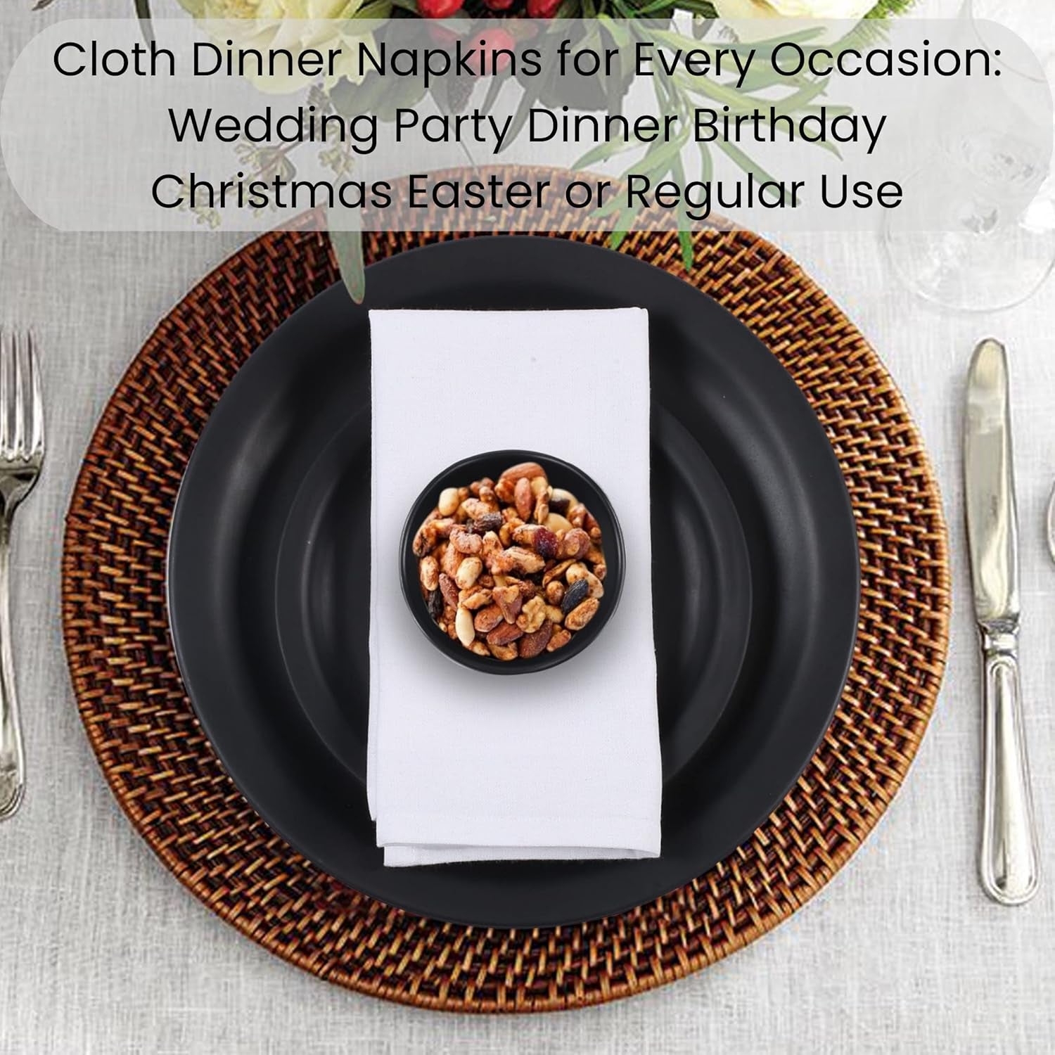 Set of 12 Cloth Dinner Napkins 100% Cotton - Soft Durable Washable - Ideal for Farmhouse Party Weddings Christmas Easter - Perfect Everyday Use Table Linen Cloth Napkins White 17X17