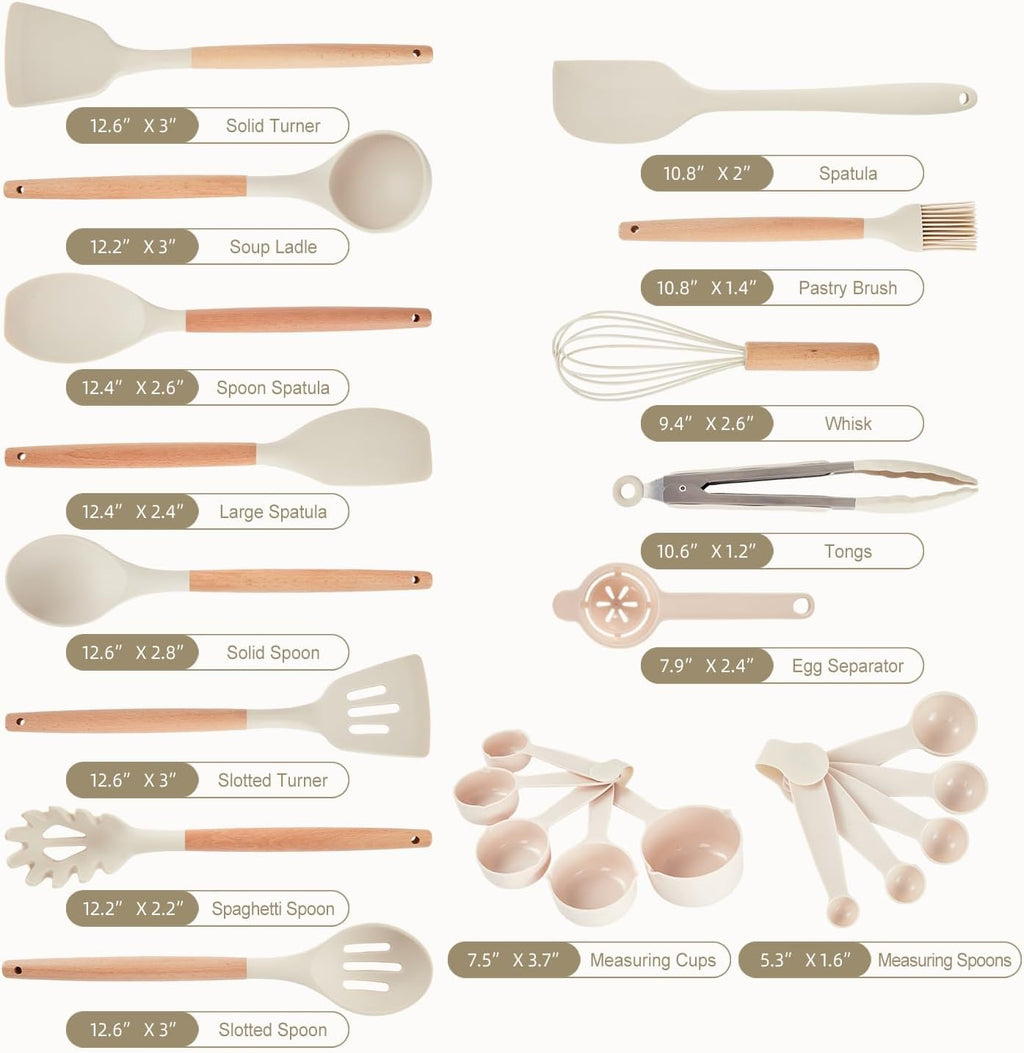 Kitchen Utensils Set - 34 PCS Non-Stick Silicone Cooking Utensils Set with Woode