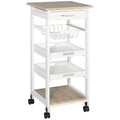 5-Tier Solid Wood 4-Wheeled Mobile Kitchen Cart with Storage, Wire Fruit Baskets, Trays and Drawer, White