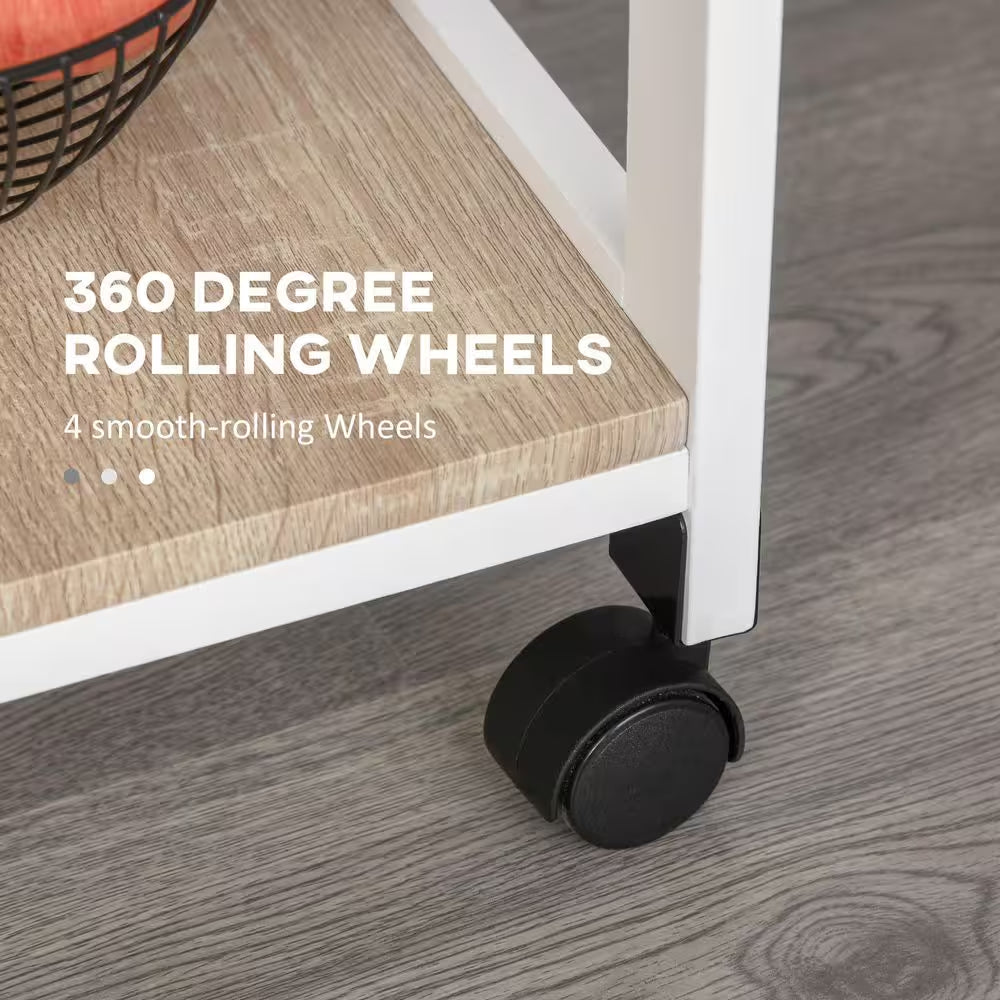 5-Tier Solid Wood 4-Wheeled Mobile Kitchen Cart with Storage, Wire Fruit Baskets, Trays and Drawer, White