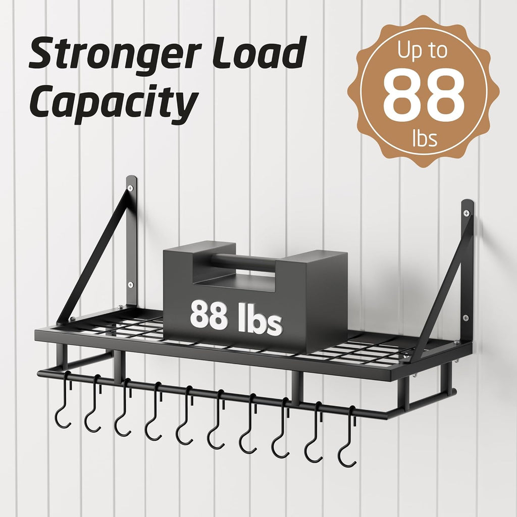 24 Inch Kitchen Pot Pan Rack Wall Mounted Hanging Storage Organizer Wall Shelf with Hooks Matte Black, KUR215S60-BK