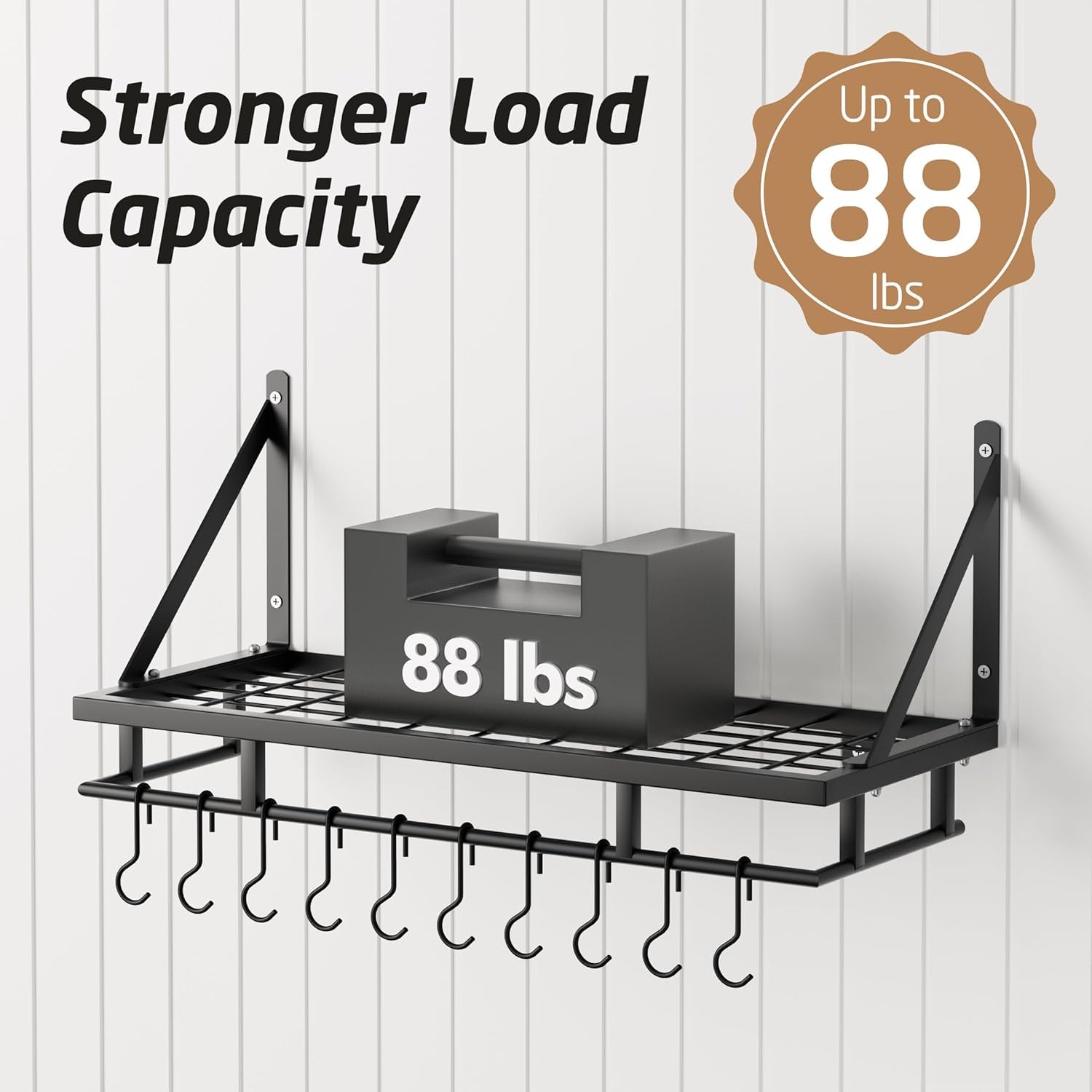 24 Inch Kitchen Pot Pan Rack Wall Mounted Hanging Storage Organizer Wall Shelf with Hooks Matte Black, KUR215S60-BK