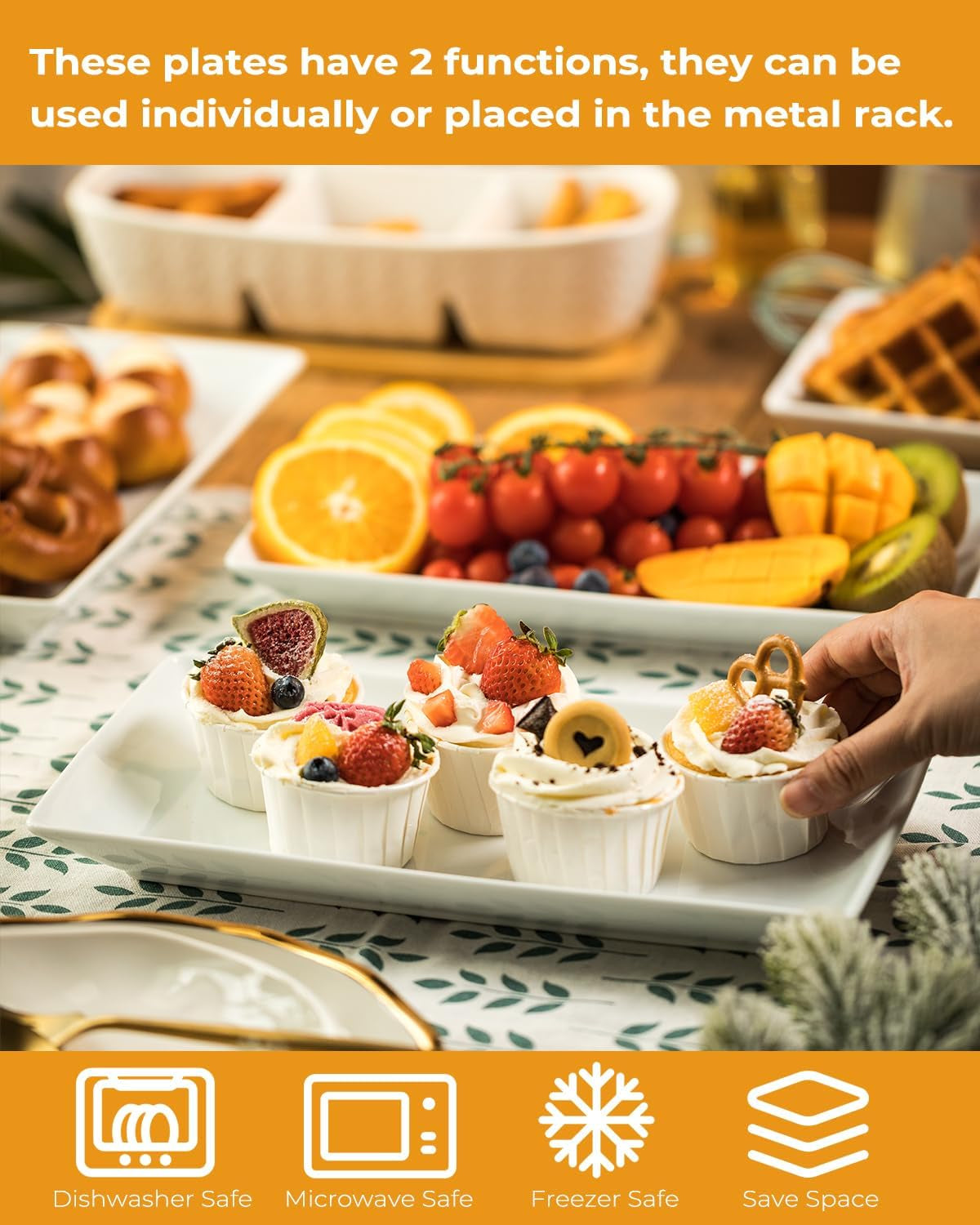 3 Tier Serving Stand Porcelain Serving Platter Tier Serving Trays with Collapsible Sturdier Rack, Serving Dishes and Platters for Thanksgiving, Christmas, Entertaining, Gold, 12 Inch