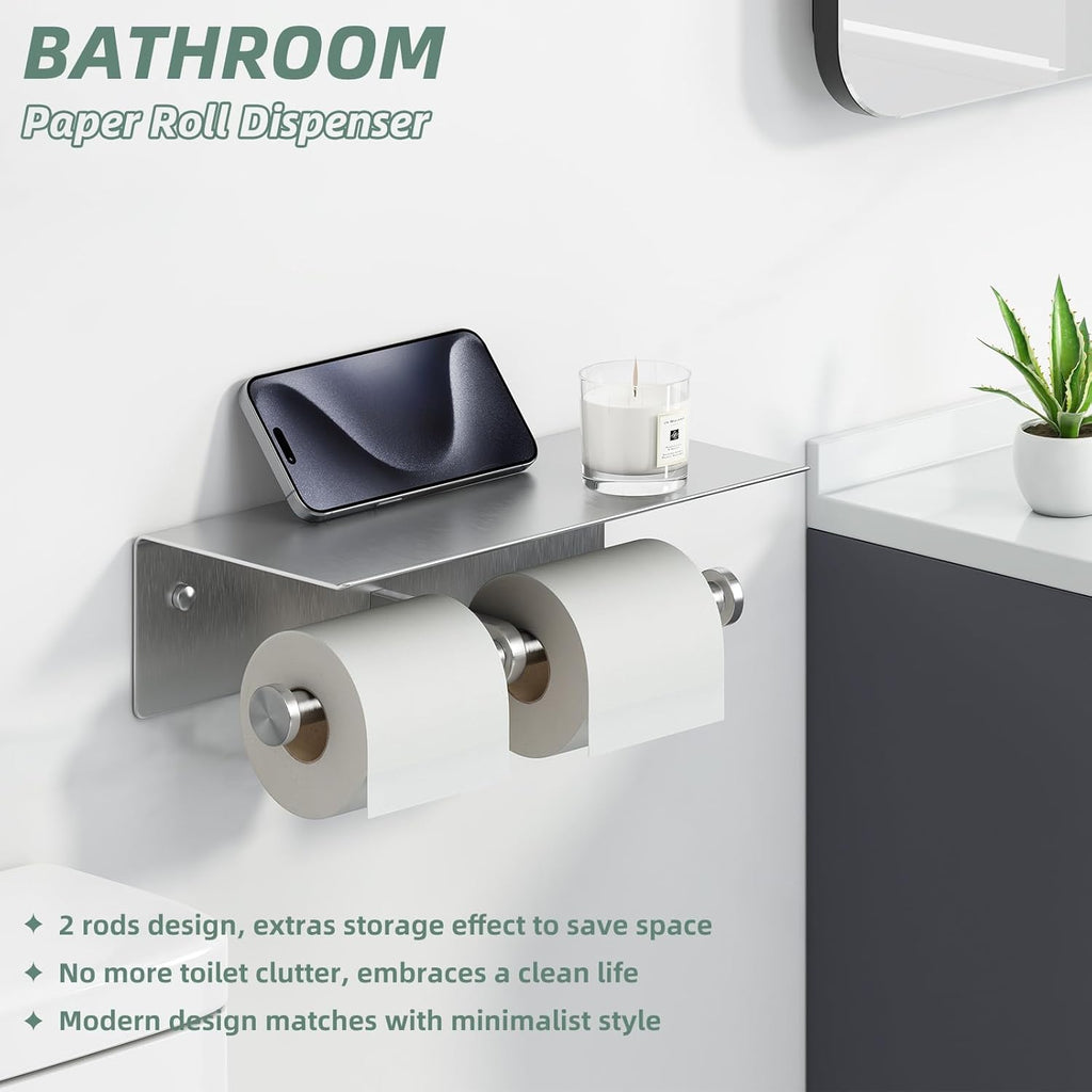 Double Toilet Paper Holder with Shelf Brushed Nickel,  SUS 304 Stainless Steel Contemporary Tissue Roll Holder Mobile Phone Storage Rack
