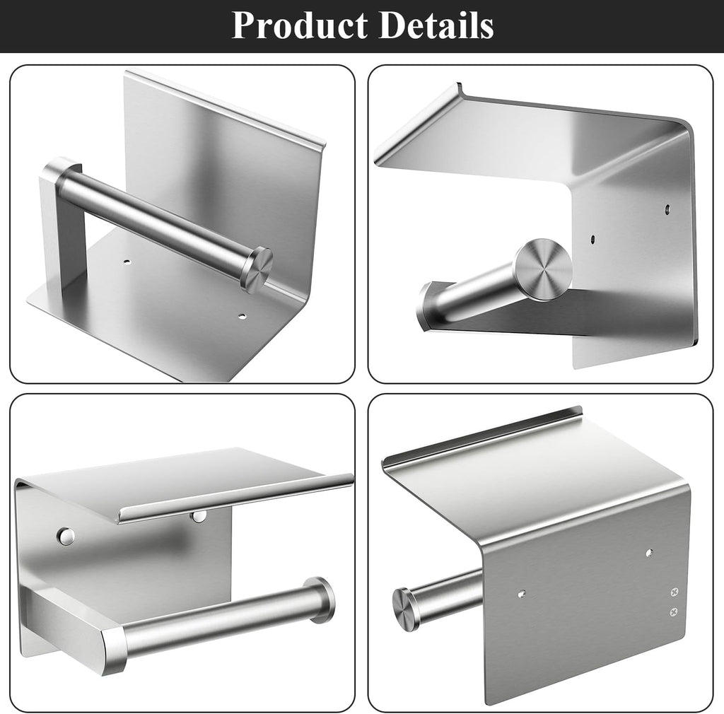 Toilet Paper Holder with Phone Shelf + Towel Robe Hooks, Adhesive or Screw Wall Mounted Toilet Paper Roll Storage, Stainless Steel Bathroom Tissue Roll Holder (Brushed Nickel)