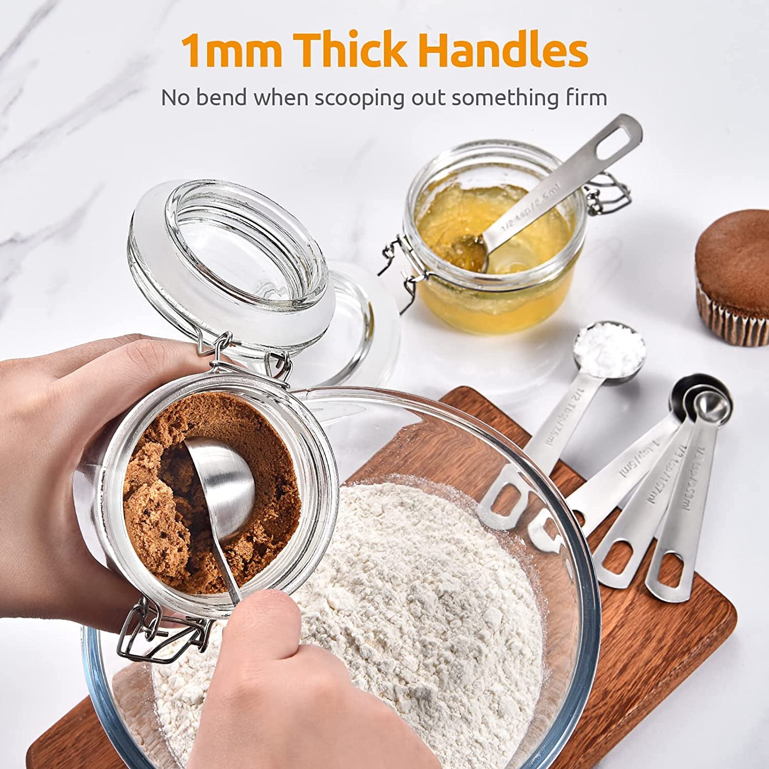 Measuring Spoons:  18/8 Stainless Steel Measuring Spoons Set of 8 Piece: 1/8 Tsp, 1/4 Tsp, 1/3 Tsp, 1/2 Tsp, 3/4 Tsp, 1 Tsp, 1/2 Tbsp & 1 Tbsp Dry and Liquid Ingredients