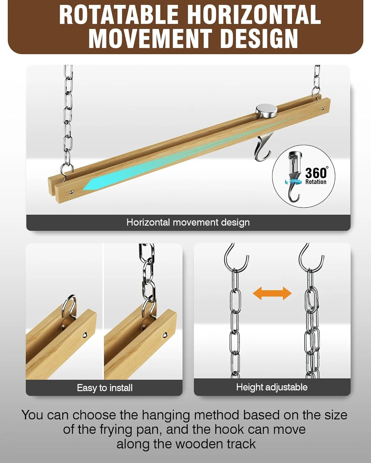36 Inch Hanging Pot Rack, Ceiling-Mounted Wooden Rail System Pot Rack for Kitchen Pots and Pans Storage, with 6 Solid Cast Aluminum Swivel Hooks