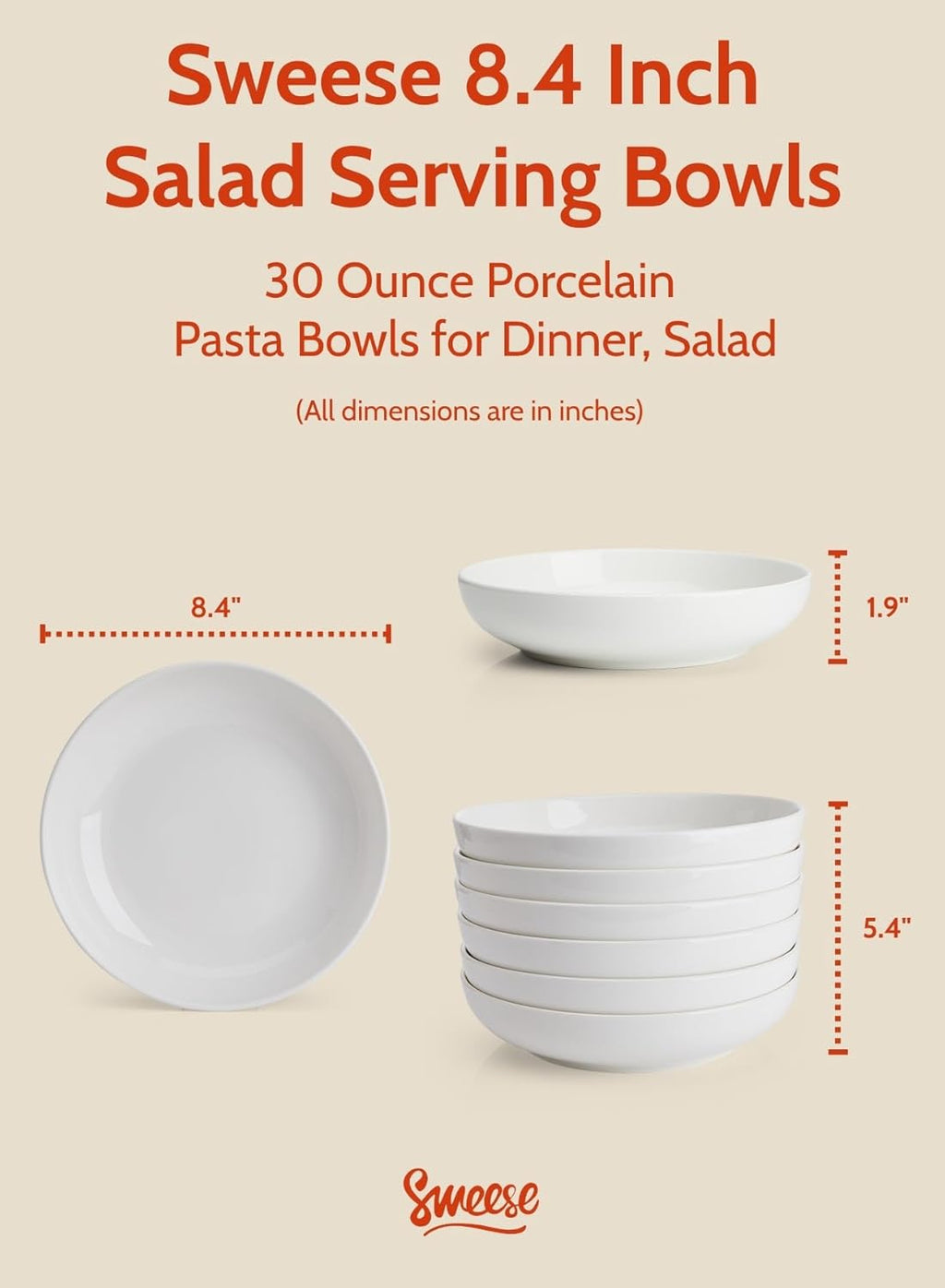 Large Salad Serving Bowls, 30 Ounce Porcelain White Pasta Plates Set of 6, 8.4 Inch Pasta Bowls for Dinner, Salad - Microwave Dishwasher