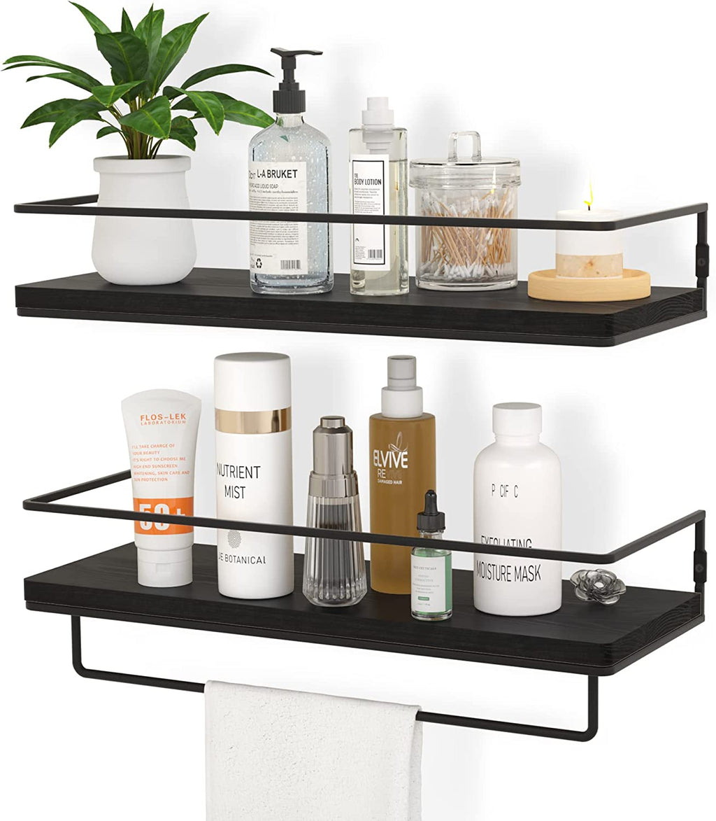 Floating Shelves for Wall Set of 2, Wall Mounted Storage Shelves with Black Metal Frame and Towel Rack for Bathroom, Bedroom, Living Room, Kitchen, Office (Black)